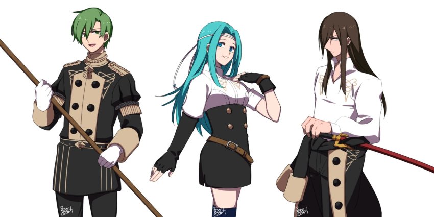 1girl 2boys abel_(fire_emblem) aqua_hair belt black_hair closed_mouth fingerless_gloves fiora_(fire_emblem) fire_emblem fire_emblem:_mystery_of_the_emblem fire_emblem:_the_blazing_blade fire_emblem:_three_houses garreg_mach_monastery_uniform gloves green_eyes green_hair highres holding long_hair long_sleeves multiple_boys navarre_(fire_emblem) nintendo open_mouth polearm scabbard sheath sheathed short_hair simple_background sword weapon white_background white_gloves yusya6_fe