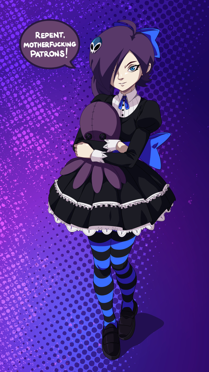 absurdres black_dress blue_bow blue_eyes bow cosplay dress english_text frilled_dress frills highres insulting_viewer pale_skin purple_hair stocking_(cosplay) stocking_(psg) striped_clothes striped_thighhighs stuffed_toy thighhighs zone-tan zone_(zone_tan)