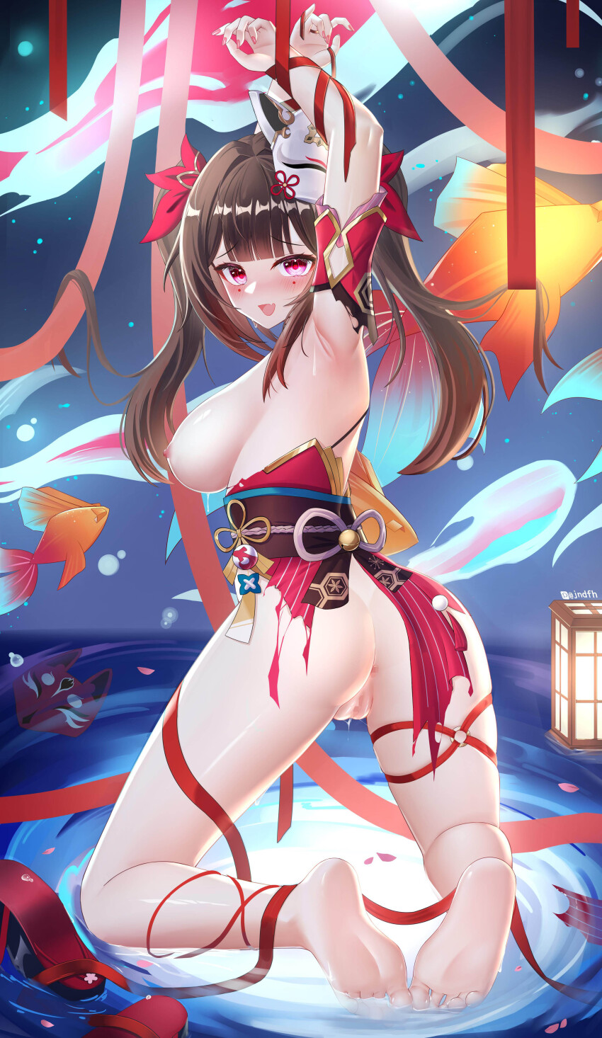 1girl :d ;p absurdres anus armpits barefoot black_sash blush bound bound_arms breasts brown_hair censored dress fang fox_mask highres honkai:_star_rail honkai_(series) jndfh koi looking_at_viewer mark_under_both_eyes mask mask_on_head mosaic_censoring nipples one_eye_closed open_mouth pussy pussy_juice red_dress red_ribbon ribbon sash shoes skin_fang smile soles solo sparkle_(honkai:_star_rail) thighs toes tongue tongue_out twintails unworn_shoes