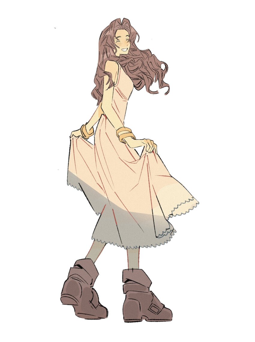 1girl aerith_gainsborough bangle bare_shoulders boots bracelet breasts brown_footwear brown_hair closed_eyes clothes_lift dress dress_lift final_fantasy final_fantasy_vii final_fantasy_vii_rebirth final_fantasy_vii_remake full_body highres jewelry lentymet long_dress long_hair medium_breasts parted_bangs parted_lips pink_dress sidelocks sleeveless sleeveless_dress smile solo wavy_hair white_background