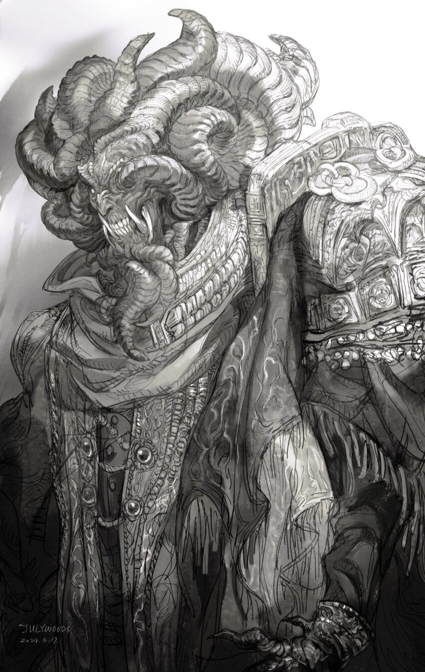 1boy 2024 artist_name asymmetrical_horns commentary dated elden_ring english_commentary graphite_(medium) greyscale highres horns missing_eye mohg_lord_of_blood monochrome multiple_horns ornate_clothes robe sharp_teeth sketch stole teeth tjulywoods traditional_media white_background