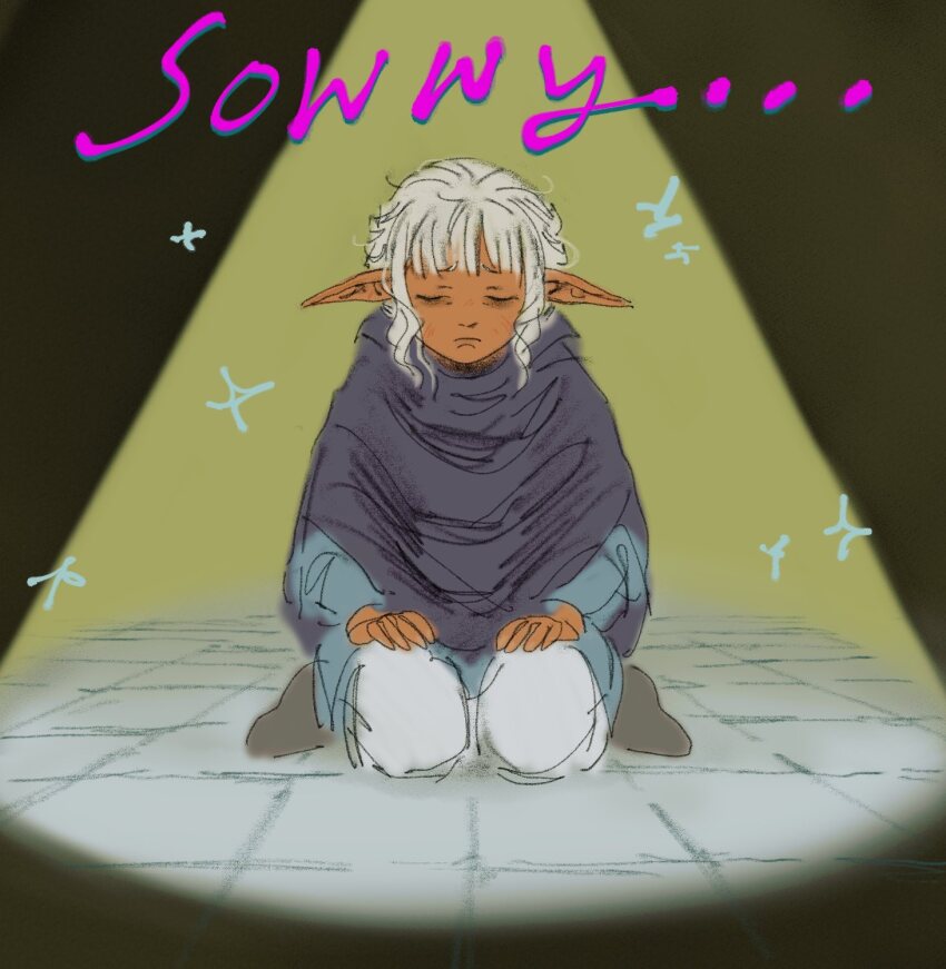 11agares 1boy apologizing black_cloak blue_tunic blunt_bangs boots brown_footwear cloak closed_eyes closed_mouth dark-skinned_male dark_skin dungeon_meshi hands_on_own_knees highres indoors kneeling long_pointy_ears pants pointy_ears solo sowwy sparkle spotlight thistle_(dungeon_meshi) tile_floor tiles tunic white_hair white_pants