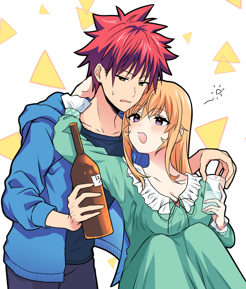 1boy 1girl alcohol black_shirt blonde_hair blue_jacket blush bottle breasts collarbone glass green_pajamas highres holding holding_bottle jacket large_breasts long_hair long_sleeves nakiri_erina open_clothes open_jacket open_mouth pajamas purple_eyes red_hair sake shirt shokugeki_no_souma short_hair smile toy-black white_background yukihira_souma