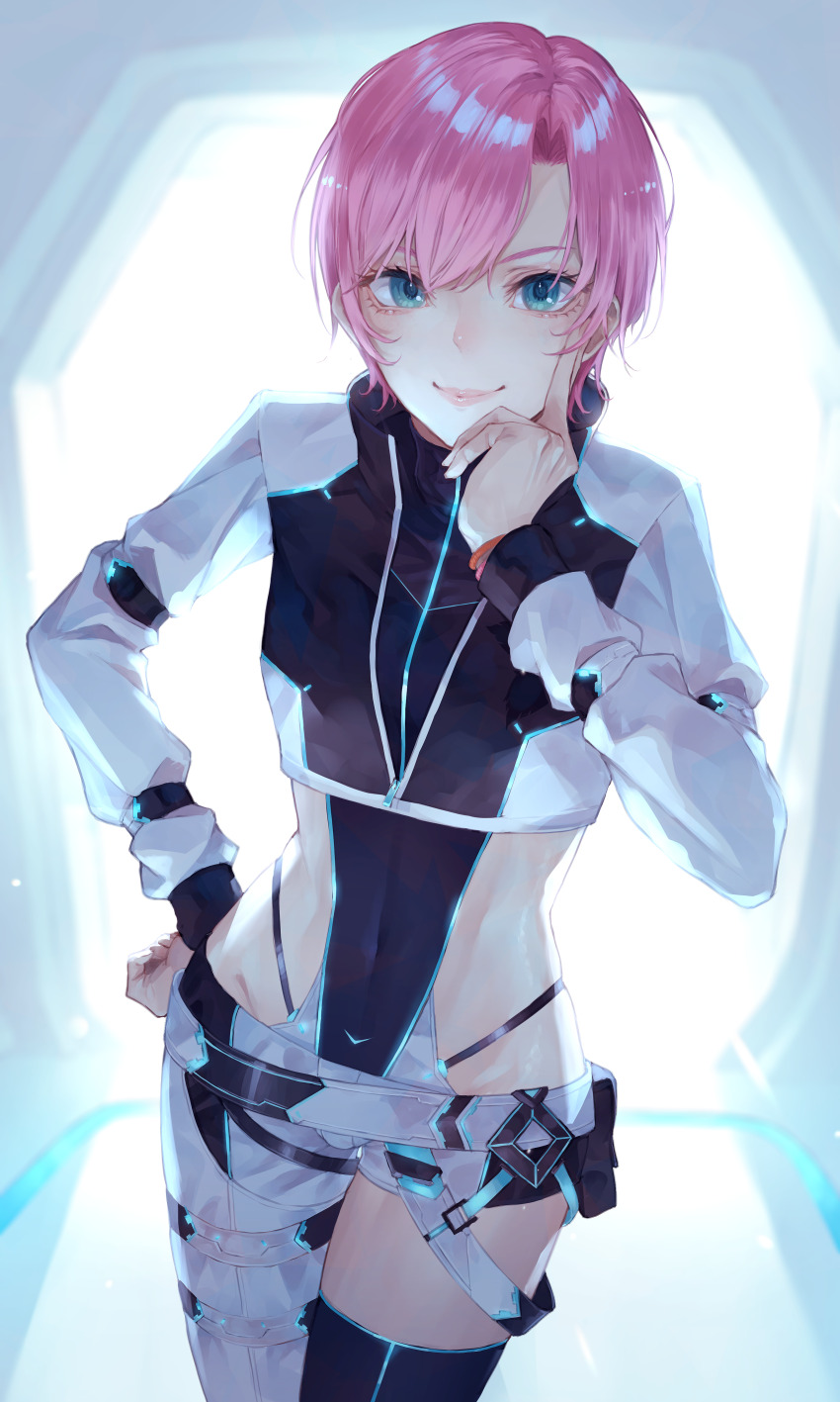 1girl absurdres asymmetrical_clothes belt black_thighhighs blue_eyes closed_mouth covered_navel finger_to_cheek hand_on_own_hip highres kaoming leotard long_sleeves looking_at_viewer nijisanji pink_hair revision short_hair single_pantsleg single_thighhigh smile solo standing thighhighs virtual_youtuber yuuhi_riri yuuhi_riri_(4th_costume)