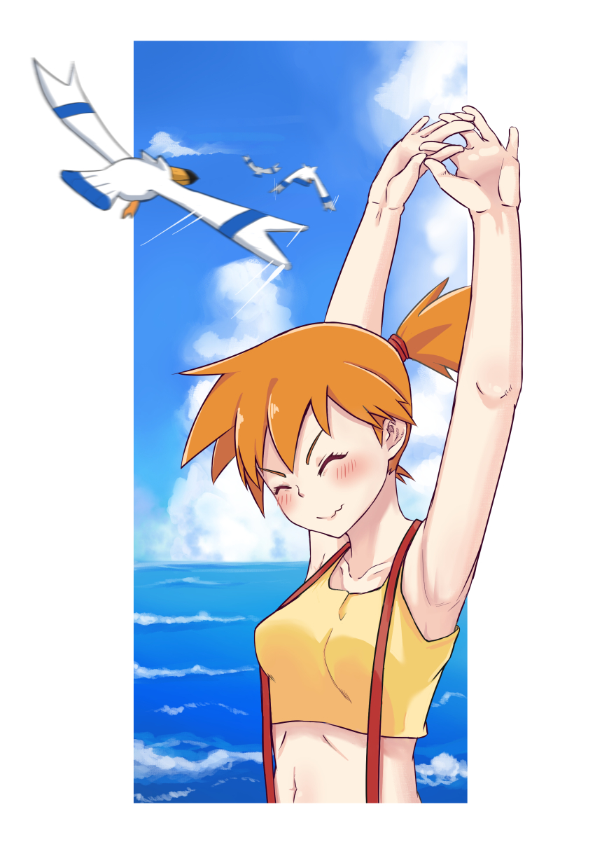 1girl absurdres animal armpits arms_up asymmetrical_hair bird blendinglight blue_sky blush breasts closed_eyes cloud creatures_(company) crop_top day eyelashes game_freak gen_1_pokemon gen_3_pokemon grin gym_leader hair_tie highres looking_at_viewer midriff misty_(pokemon) navel nintendo ocean orange_hair outdoors pokemon pokemon_(anime) pokemon_(classic_anime) ponytail shirt short_hair shorts side_ponytail sky sleeveless smile solo suspenders tank_top teeth upper_body wingull yellow_shirt yellow_tank_top