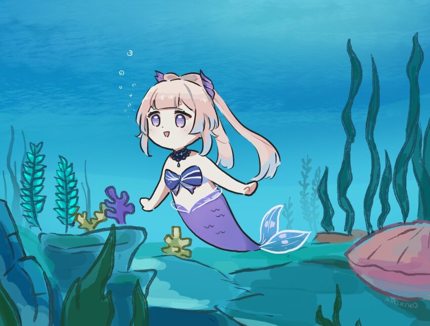 1girl :d bare_shoulders black_choker blue_bow bow choker clam genshin_impact long_hair mermaid monster_girl open_mouth pink_hair ponytail purple_eyes sangonomiya_kokomi smile solo stomach underwater very_long_hair xinzoruo