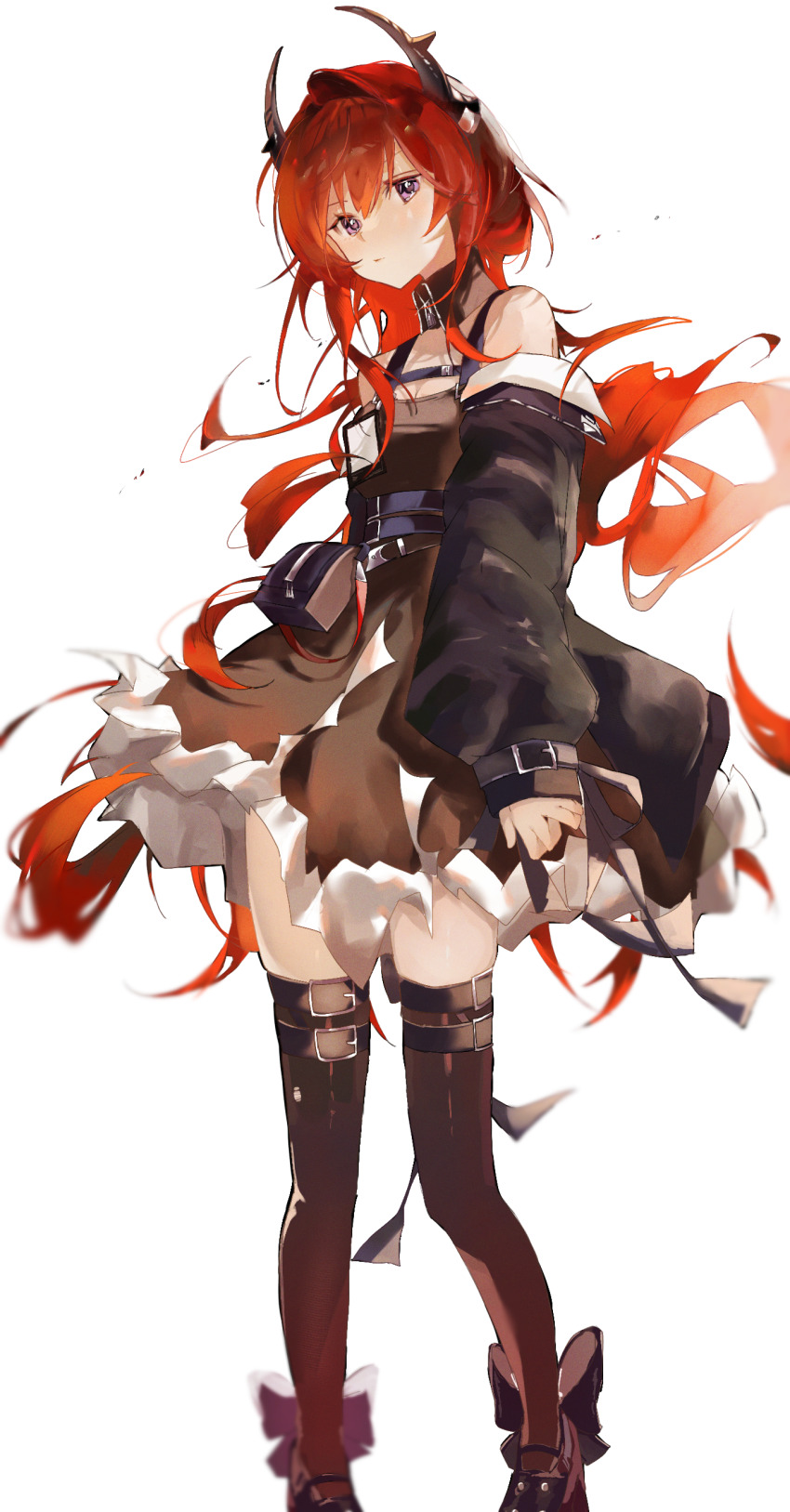 1girl absurdres arknights bare_shoulders belt belt_buckle black_bow black_horns black_jacket blurry bow brown_belt brown_dress brown_thighhighs buckle closed_mouth commentary dress footwear_bow full_body glint hair_between_eyes highres horns jacket long_hair long_sleeves looking_at_viewer miyabi_(inarizushi) off_shoulder puffy_long_sleeves puffy_sleeves purple_eyes red_hair simple_background sleeveless sleeveless_dress solo standing surtr_(arknights) thigh_belt thigh_strap thighhighs white_background zipper_pull_tab