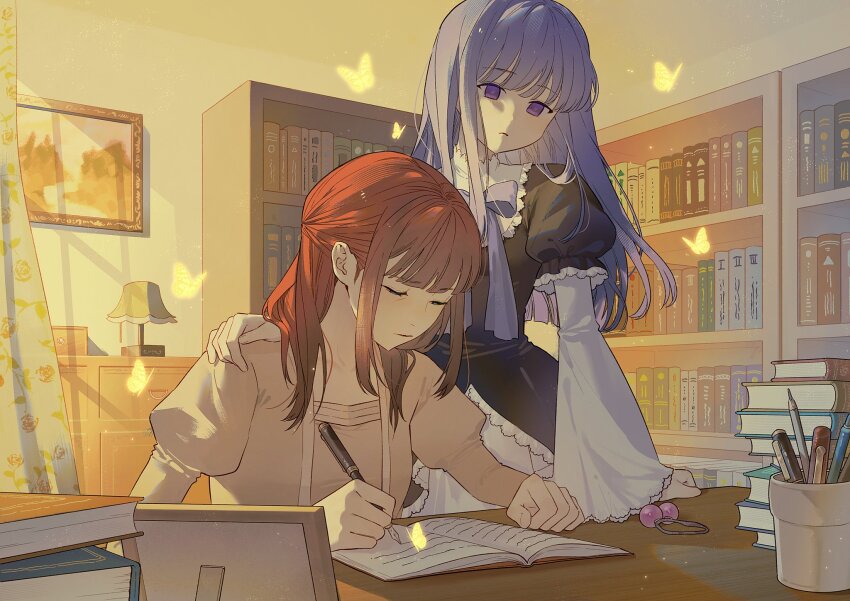 2girls ameko0617 blue_bow blue_bowtie blue_eyes blunt_bangs book book_stack bookshelf bow bowtie bug butterfly closed_eyes closed_mouth commission curtains desk expressionless frederica_bernkastel hand_on_another&#039;s_shoulder highres holding holding_pen indoors insect lamp lolita_fashion long_hair looking_down multiple_girls pen picture_frame red_hair sidelocks standing umineko_no_naku_koro_ni ushiromiya_ange wide_sleeves witch writing