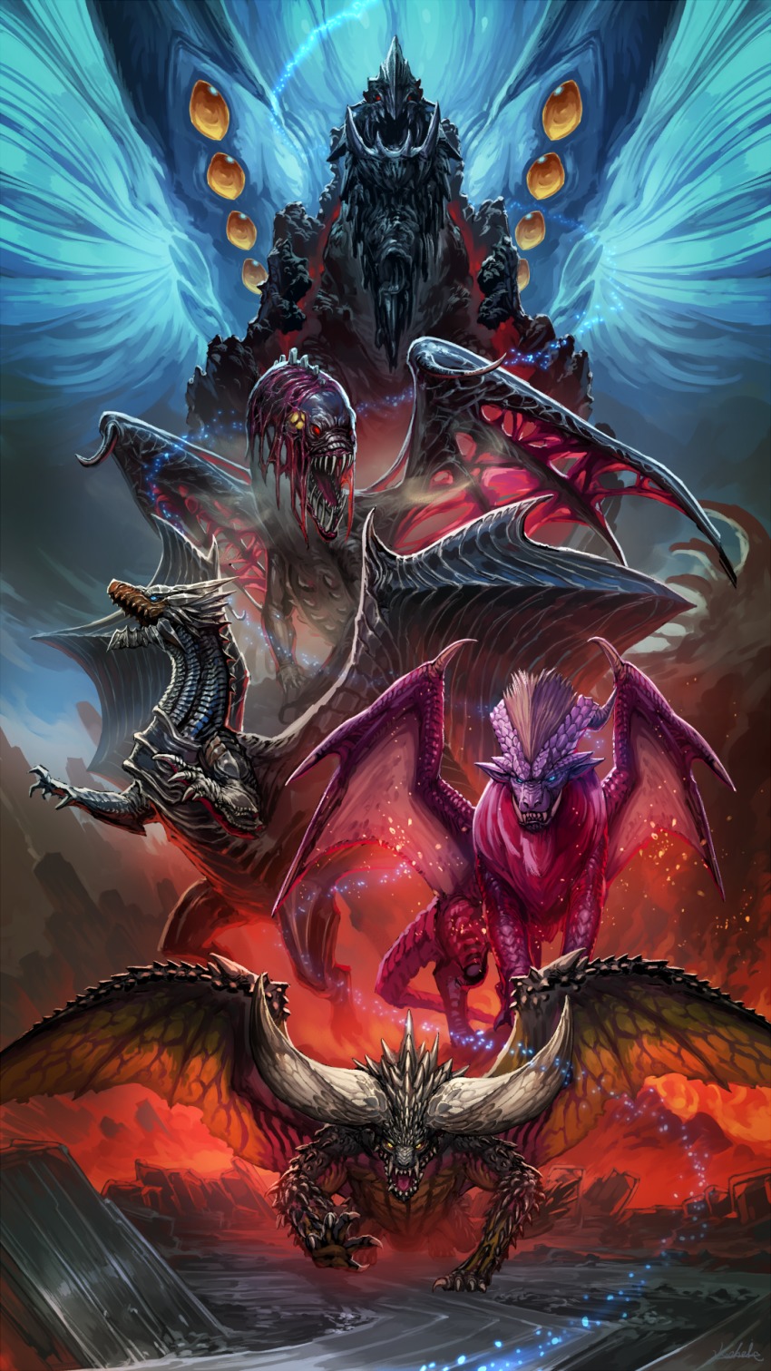 blue_eyes closed_mouth dragon extra_ears fur giant glowing glowing_eyes highres horns kushala_daora monster monster_hunter_(series) monster_hunter:_world nekoemonn nergigante no_humans open_mouth red_eyes sharp_teeth sparks spikes spoilers teeth teostra vaal_hazak wings xeno&#039;jiiva yellow_eyes zorah_magdaros