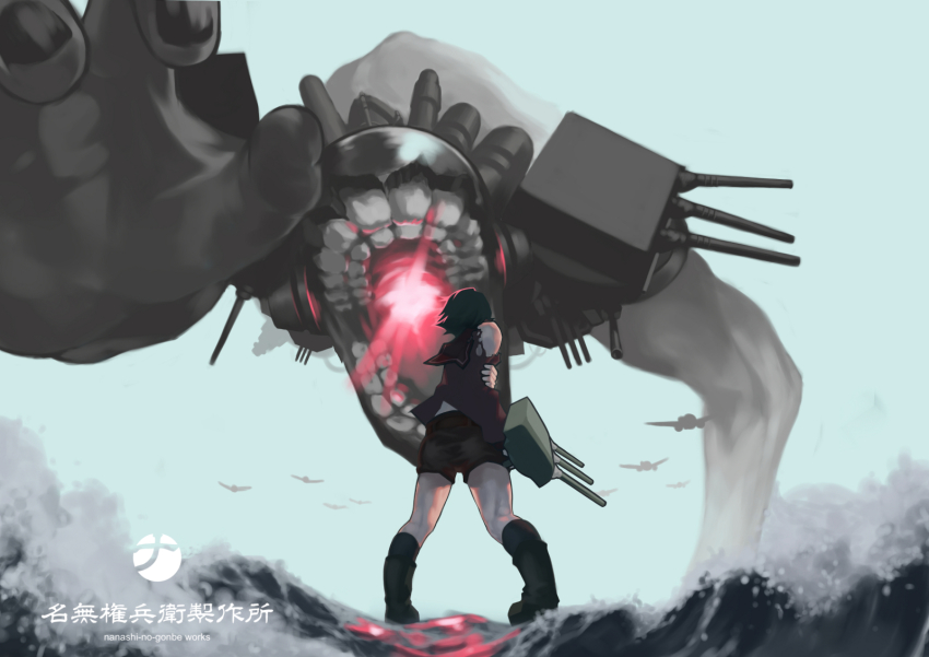 10s 1girl abyssal_ship back black_hair female_focus highres injury kantai_collection mogami_(kancolle) monster nanashi_(otaku_rock_n_roll) personification sailor_collar short_hair sky solo torn_clothes water