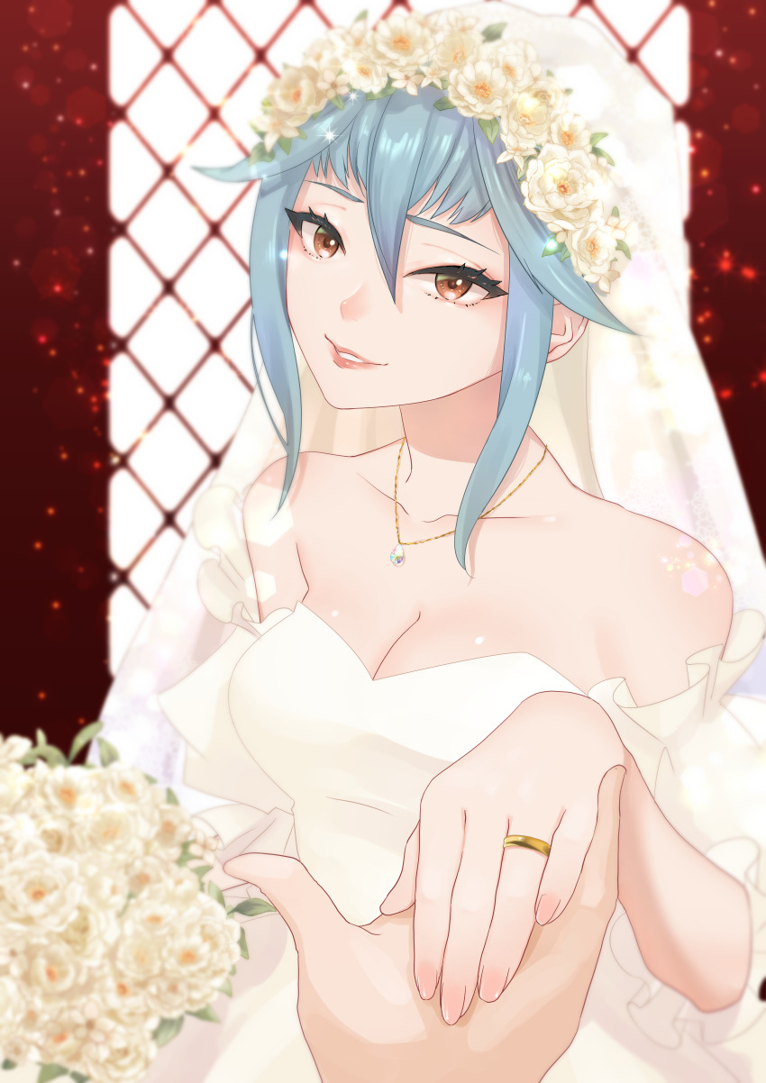 1boy 1girl absurdres bare_shoulders blue_hair bouquet breasts bridal_veil bride brown_eyes cleavage collarbone commentary_request dress flower hair_flower hair_ornament highres holding holding_bouquet looking_at_viewer medium_breasts neck off-shoulder_dress off_shoulder pov pov_hands solo_focus unicorn_overlord upper_body veil virginia_(unicorn_overlord) vuipui wedding wedding_dress white_dress