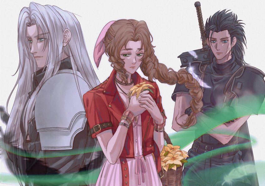 1girl 2boys absurdres aerith_gainsborough armor bangle belt black_coat black_feathers black_gloves black_hair blue_eyes bracelet braid braided_ponytail brown_hair buster_sword closed_mouth coat commentary cross_scar crossed_arms dress drill_hair drill_sidelocks english_commentary facial_scar falling_feathers feathers final_fantasy final_fantasy_vii final_fantasy_vii_remake flower flower_basket gloves green_eyes grey_hair hair_ribbon hair_slicked_back highres holding holding_flower jacket jewelry long_bangs long_hair multiple_belts multiple_boys open_clothes open_jacket parted_bangs pink_dress pink_ribbon red_jacket ribbon scar scar_on_cheek scar_on_face sephiroth short_sleeves shoulder_armor sidelocks sleeveless sleeveless_turtleneck spiked_hair suspenders sweater sword sylvthea turtleneck turtleneck_sweater upper_body weapon weapon_on_back white_feathers yellow_flower zack_fair