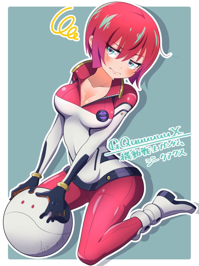 1girl amate_yuzuriha annoyed aqua_eyes ass blush bodysuit breasts closed_mouth gundam gundam_gquuuuuux haro highres holding mecha_pilot_suit multicolored_bodysuit multicolored_clothes myu_myu_sun normal_suit red_hair robot short_hair sitting sweatdrop wariza