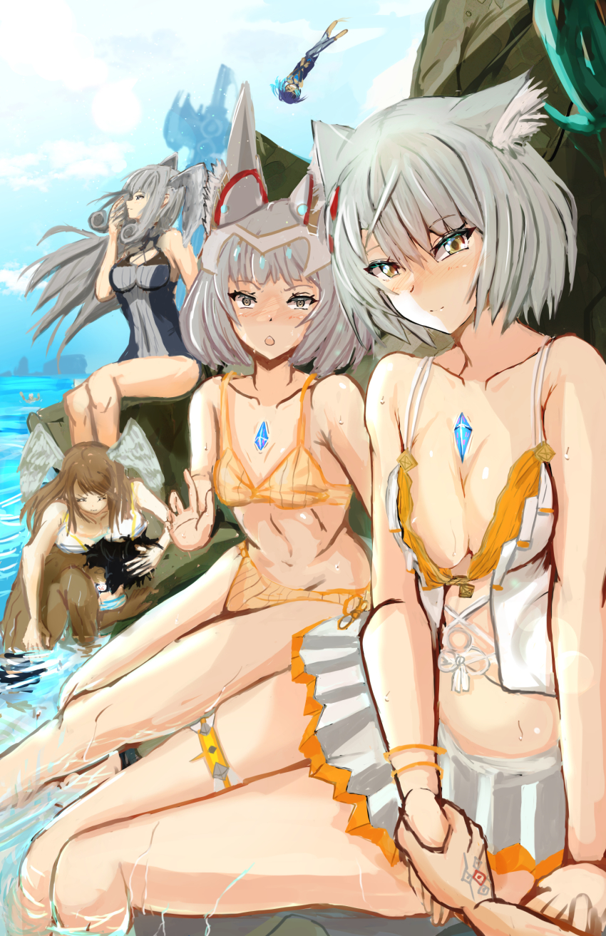 3boys 5girls animal_ears bikini blue_sky breasts brown_hair cat_ears chest_jewel cleavage eunie_(xenoblade) feathered_wings grey_hair head_wings highres holding_hands jumping lanz_(xenoblade) long_hair looking_at_viewer melia_antiqua midair mio_(xenoblade) multiple_boys multiple_girls nia_(xenoblade) noah_(xenoblade) official_alternate_costume one-piece_swimsuit partially_submerged pov sena_(xenoblade) shindayomon sitting sky smile swimsuit taion_(xenoblade) very_long_hair water wings xenoblade_chronicles_(series) xenoblade_chronicles_3 yellow_eyes