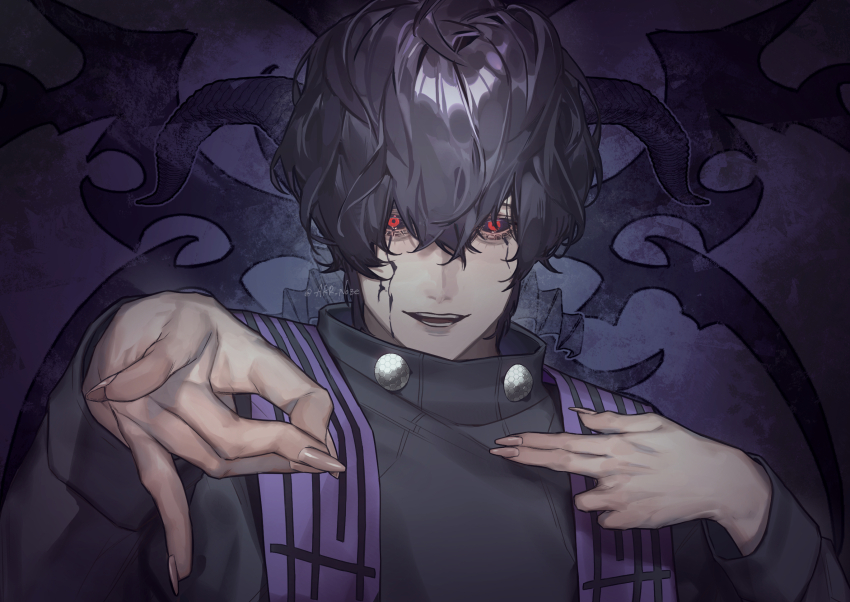 1boy akr_noze beelzebub_(shuumatsu_no_valkyrie) black_hair black_sclera colored_sclera demon_horns etching fingernails gloves hair_over_one_eye highres horns looking_at_viewer male_focus one_eye_covered pointing pointing_at_self pointing_at_viewer possessed possession priest red_eyes short_hair shuumatsu_no_valkyrie solo twitter_username upper_body