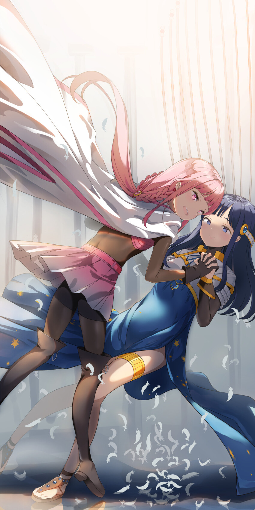 2girls absurdres armor black_hair blue_dress blue_eyes cape dress falling feathers highres holding_hands interlocked_fingers long_hair magia_record:_mahou_shoujo_madoka_magica_gaiden mahou_shoujo_madoka_magica multiple_girls nanami_yachiyo pink_eyes pink_hair pink_skirt sandals shiratama_mochi shoulder_armor skirt tamaki_iroha very_long_hair yuri