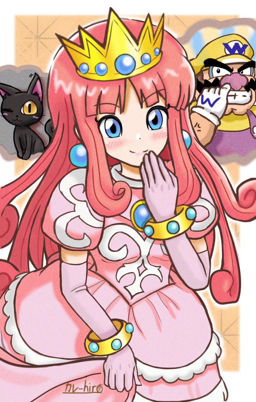 ballhuman black_cat_(wario_land) black_eyes blue_eyes blush cat closed_mouth crown dress earrings elbow_gloves facial_hair gloves hat highres jewelry long_hair mustache nintendo nose_picking overalls pink_dress pink_gloves pink_hair princess_shokora puffy_short_sleeves puffy_sleeves purple_overalls revision shirt short_sleeves signature smile teeth wario wario_land wario_land_4 yellow_hat yellow_shirt