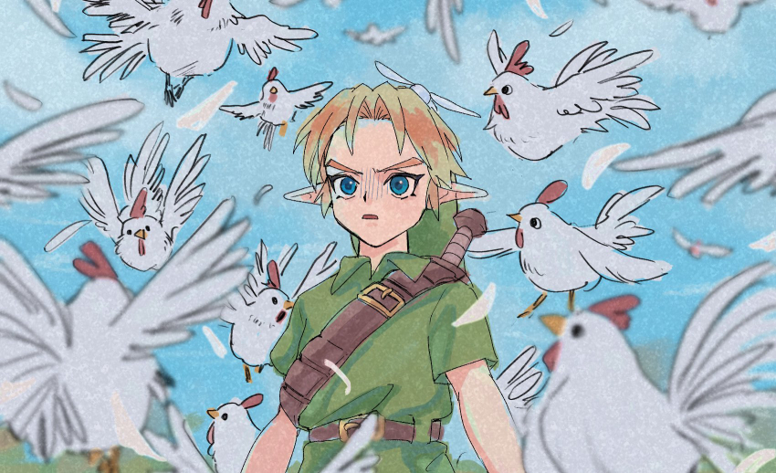 1boy belt belt_buckle bird blonde_hair blue_eyes brown_belt buckle chicken collared_shirt commentary_request cucco green_hat green_tunic hat highres kokiri_sword link nintendo parted_lips peril pointy_ears shirt short_hair shoulder_belt solo sword the_legend_of_zelda the_legend_of_zelda:_ocarina_of_time tunic upper_body weapon weapon_on_back yamori_(yamoooon21) young_link