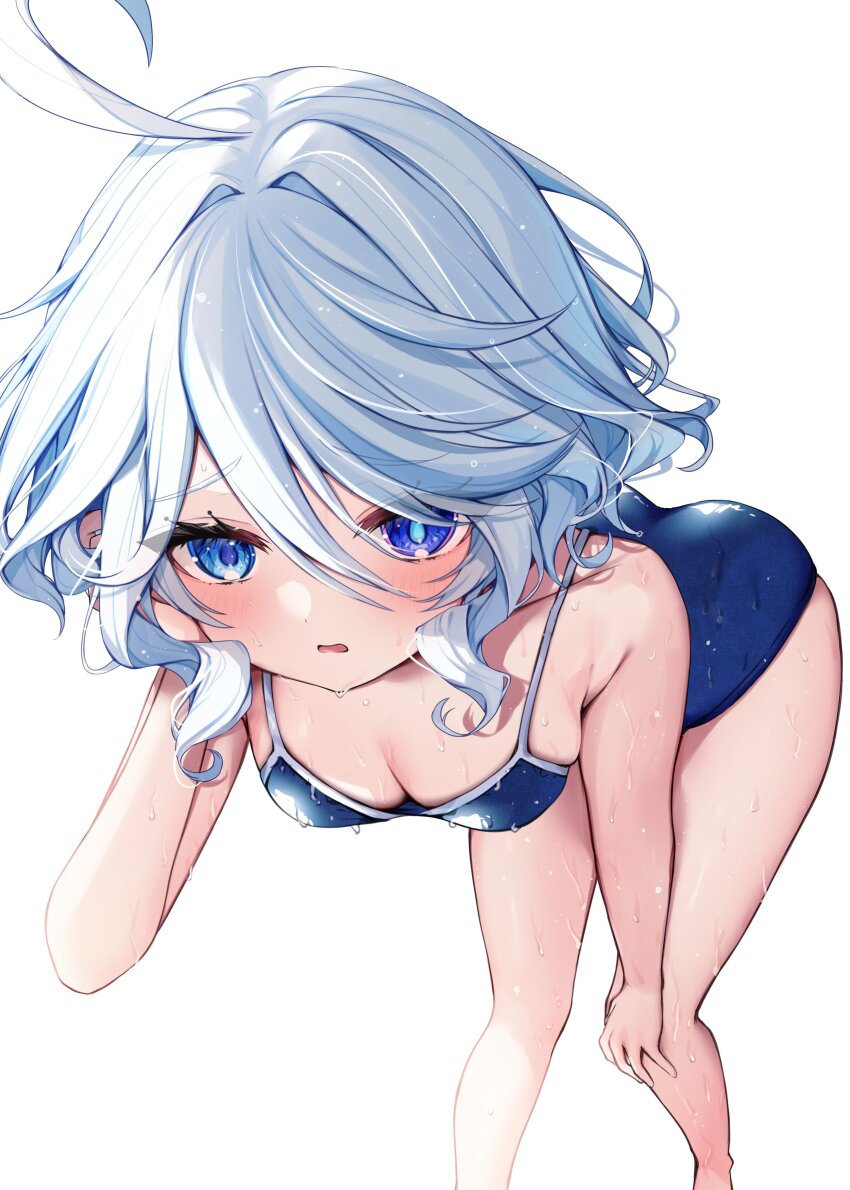 1girl absurdres ahoge bare_legs blue_eyes blue_hair blue_one-piece_swimsuit blush breasts commentary_request cowlick drop-shaped_pupils eyelashes furina_(genshin_impact) genshin_impact hair_between_eyes hand_in_own_hair hand_on_own_knee heterochromia highres ineka_ka leaning_forward long_hair looking_at_viewer medium_breasts mismatched_pupils one-piece_swimsuit open_mouth school_swimsuit simple_background solo swimsuit symbol-shaped_pupils wet white_background