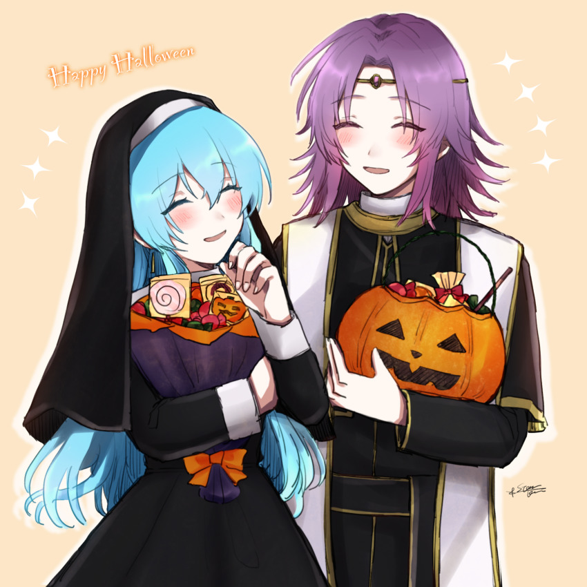 1boy 1girl ^_^ black_dress blue_hair blush bow circlet closed_eyes dress eirika_(fire_emblem) fire_emblem fire_emblem:_the_sacred_stones hair_between_eyes hair_intakes halloween halloween_costume happy_halloween highres holding long_hair long_sleeves lyon_(fire_emblem) misato_hao nintendo nun open_mouth orange_bow outline pumpkin purple_hair signature veil very_long_hair