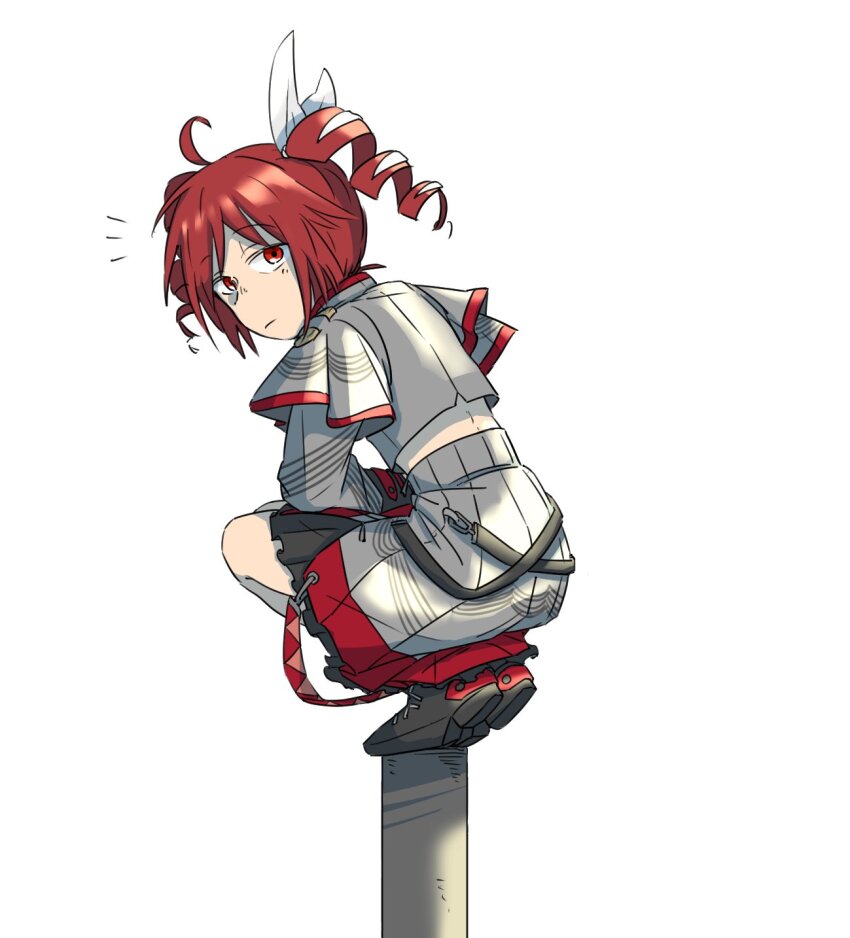 1girl ahoge black_footwear boots bow closed_mouth drill_hair grey_jacket grey_skirt hair_bow hato_no_mune_wo_momitai highres jacket kasane_teto kasane_teto_(sv) long_sleeves looking_at_viewer looking_back notice_lines pole red_eyes short_hair simple_background skirt solo squatting synthesizer_v twin_drills utau white_background