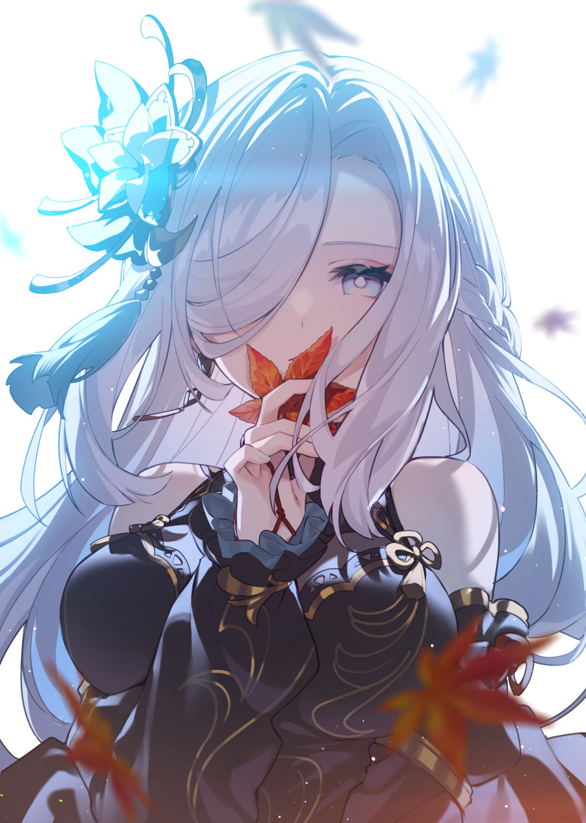 1girl absurdres bare_shoulders black_bodysuit blue_eyes blue_nails bodysuit breasts commentary_request covering_own_mouth falling_leaves flower genshin_impact hair_flower hair_ornament hair_over_one_eye hand_up highres holding holding_leaf kumiya large_breasts leaf long_hair looking_at_viewer maple_leaf nail_polish one_eye_covered parted_bangs shenhe_(frostflower_dew)_(genshin_impact) shenhe_(genshin_impact) sidelocks simple_background solo straight-on upper_body white_background white_hair