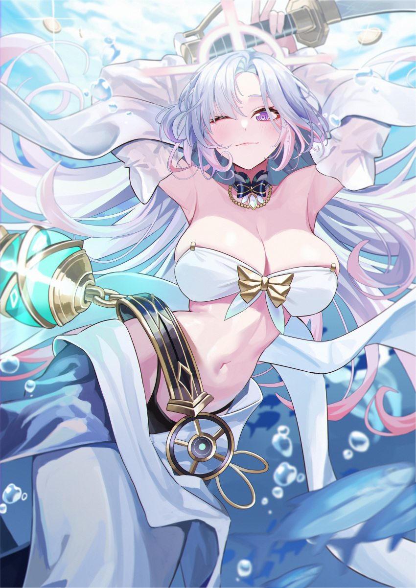 1girl absurdres air_bubble amam_(64943468) armpits arms_up azur_lane bandeau bare_shoulders belt bikini bikini_bottom_only black_belt black_bikini bow bowtie breasts bubble cleavage closed_mouth coin collarbone commentary_request cowboy_shot detached_sleeves fish ganj-i-sawai_(azur_lane) glint gold_coin halo highres holding holding_sword holding_weapon large_breasts light_blush long_hair long_skirt looking_at_viewer midriff multicolored_hair navel one_eye_closed parted_bangs pink_hair purple_eyes purple_hair sidelocks skirt solo swimsuit sword underwater very_long_hair weapon white_bandeau white_skirt white_sleeves