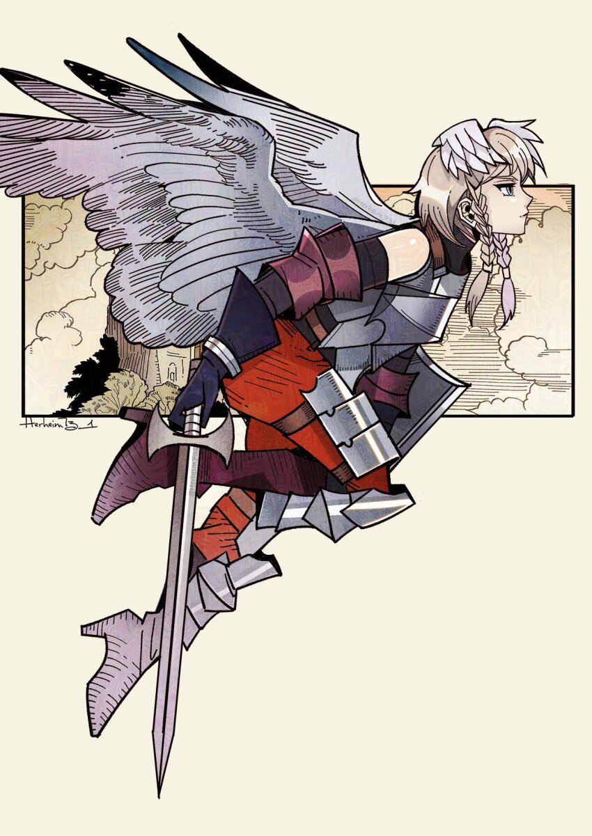 1girl angel angel_wings armor artist_name black_gloves blonde_hair blue_eyes braid breastplate detached_sleeves feathered_wings gloves hair_wings head_wings herheim highres holding holding_sword holding_weapon ochlys_(unicorn_overlord) short_hair solo sword twin_braids unicorn_overlord weapon white_wings wings