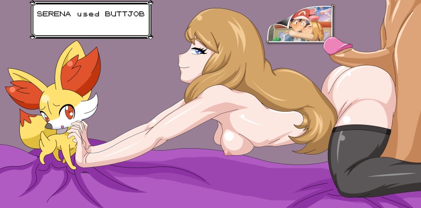 1boy 1girl absurdres ash_ketchum ass bed black_thighhighs blonde_hair blue_eyes breasts buttjob creatures_(company) dialogue_box fennekin functionally_nude game_freak gen_6_pokemon highres huge_ass long_hair medium_breasts multiple_girls nintendo orry9235 penis pokemon pokemon_(anime) pokemon_(creature) pokemon_sm_(anime) rubbing serena_(pokemon) tagme thighhighs uncensored