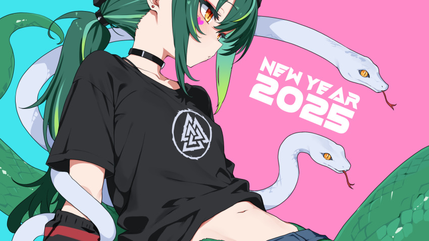 1girl 2025 black_choker black_shirt blue_background chinese_zodiac choker commentary_request earrings green_hair heart_on_cheek highres jewelry lamia monster_girl multicolored_hair navel new_year orange_eyes original pink_background ponytail print_shirt rai_(sakuranbo_sugar) shirt short_sleeves slit_pupils snake snake_tail solo streaked_hair tail three_quarter_profile two-tone_background white_snake year_of_the_snake