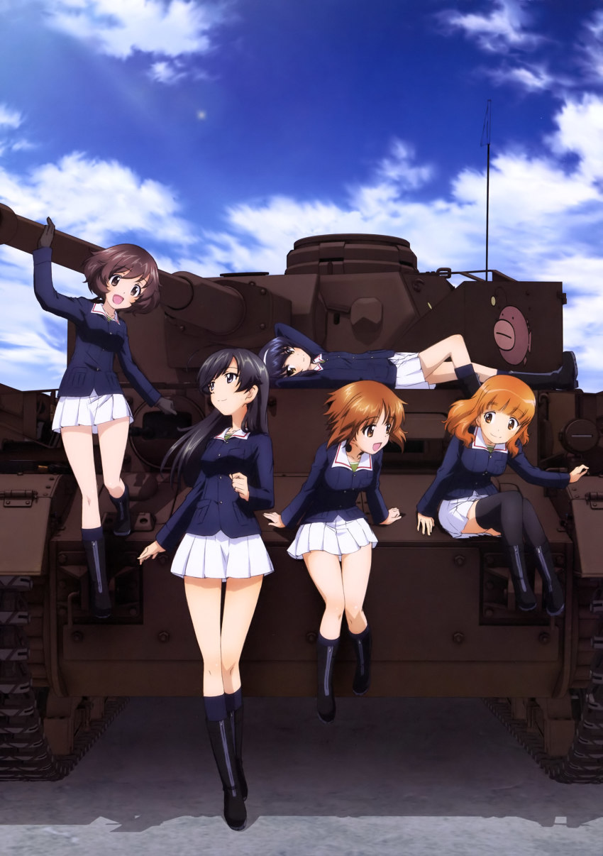 10s 5girls :d absurdres akiyama_yukari anglerfish black_footwear black_gloves black_hair black_legwear blue_jacket blunt_bangs boots brown_eyes brown_hair day eye_contact fish girls_und_panzer gloves hairband highres isuzu_hana jacket long_hair looking_at_another lying military military_vehicle miniskirt motor_vehicle multiple_girls nishizumi_miho official_art on_back ooarai_military_uniform open_mouth orange_hair outdoors pleated_skirt reizei_mako short_hair skirt smile standing takebe_saori tank thighhighs white_hairband white_skirt yoshida_nobuyoshi zettai_ryouiki