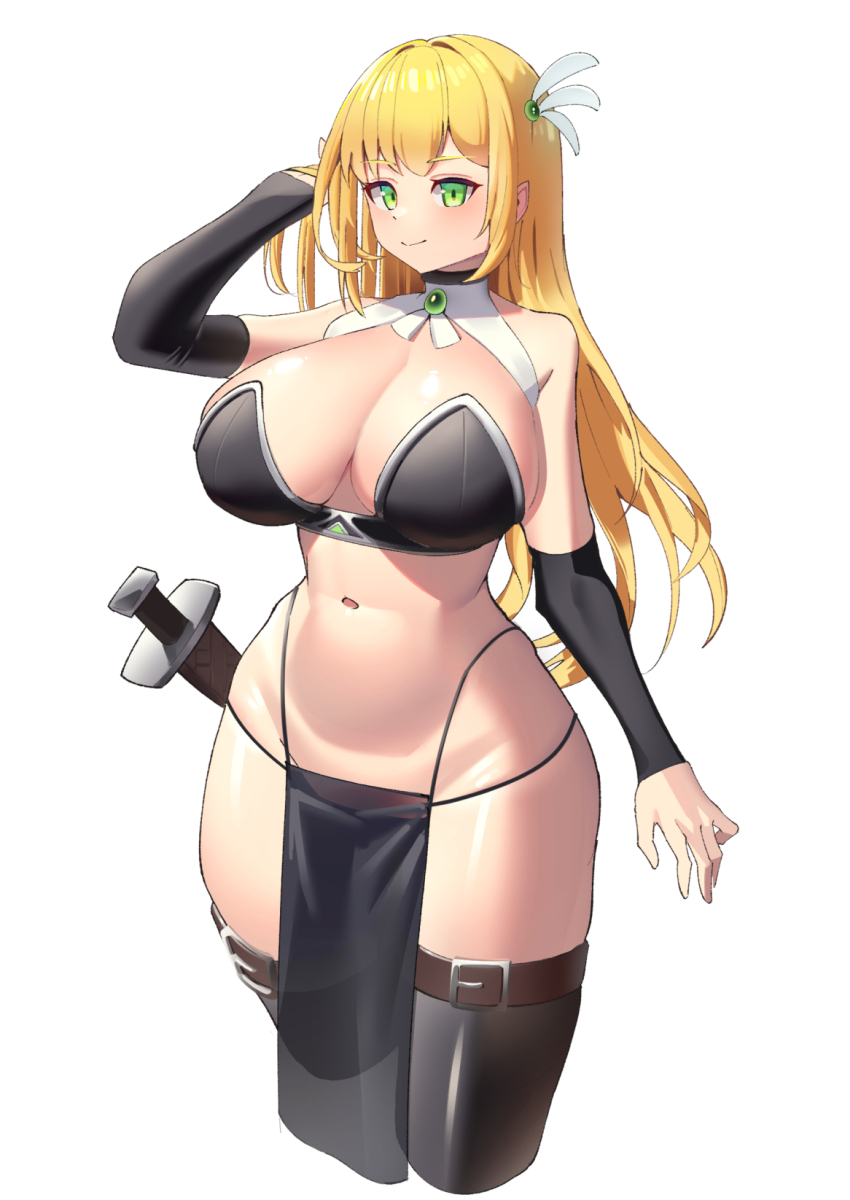 1girl arm_up bare_shoulders black_bra black_thighhighs blonde_hair blush bra breasts closed_mouth collar commentary_request detached_sleeves green_eyes hair_ornament highres large_breasts long_hair navel original sheath shiromitsu simple_background smile solo standing stomach sword thighhighs underwear weapon white_background