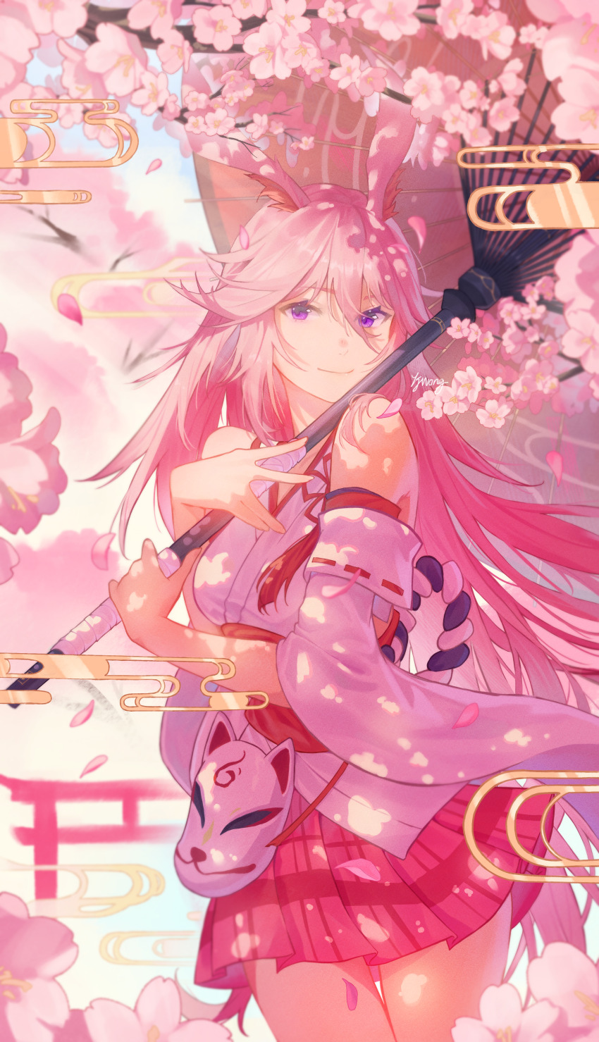 1girl absurdres animal_ears bare_shoulders blue_sky breasts cherry_blossoms closed_mouth detached_sleeves fox_ears fox_mask highres holding holding_umbrella honkai_(series) honkai_impact_3rd japanese_clothes kimono long_hair looking_at_viewer mask medium_breasts nontraditional_miko obi oil-paper_umbrella petals pink_eyes pink_hair pink_skirt plaid_clothes plaid_skirt ribbon-trimmed_sleeves ribbon-trimmed_thighhighs ribbon_trim sash short_kimono skirt sky smile solo thighhighs torii tree umbrella weapon white_kimono white_thighhighs yae_sakura yae_sakura_(gyakushinn_miko) yjwong