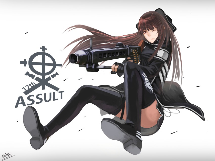 1girl absurdres bad_id bad_pixiv_id blunt_bangs boots brown_eyes brown_hair female_focus fingerless_gloves gloves gun hat highres long_hair machine_gun madu mg42 one_eye_closed original shoes skirt solo thighhighs weapon wink