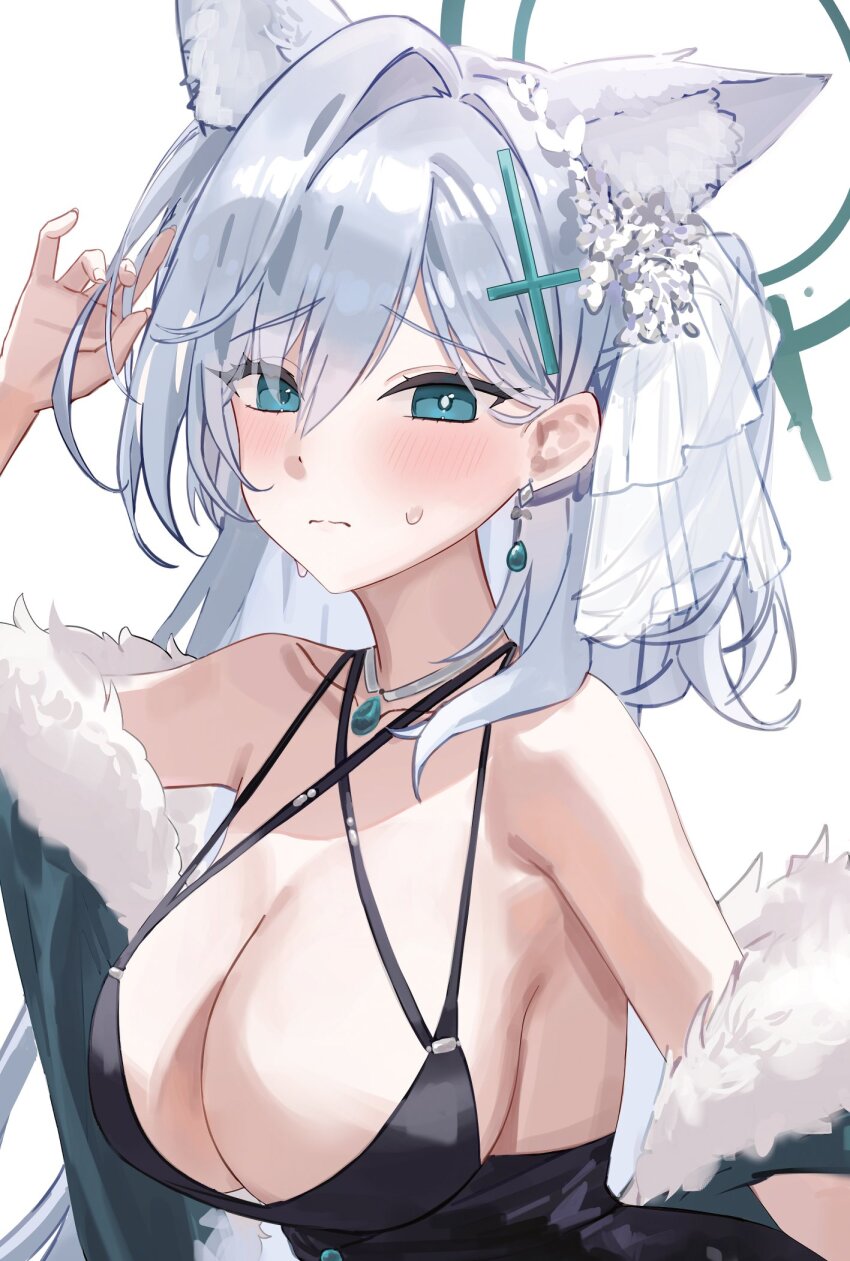 1girl alternate_costume animal_ear_fluff animal_ears blue_archive breasts broken_halo cross cross_hair_ornament dark_halo extra_ears grey_hair hair_ornament halo hido88 highres inverted_cross mismatched_pupils shiroko_(blue_archive) shiroko_terror_(blue_archive) solo upper_body wolf_ears wolf_girl