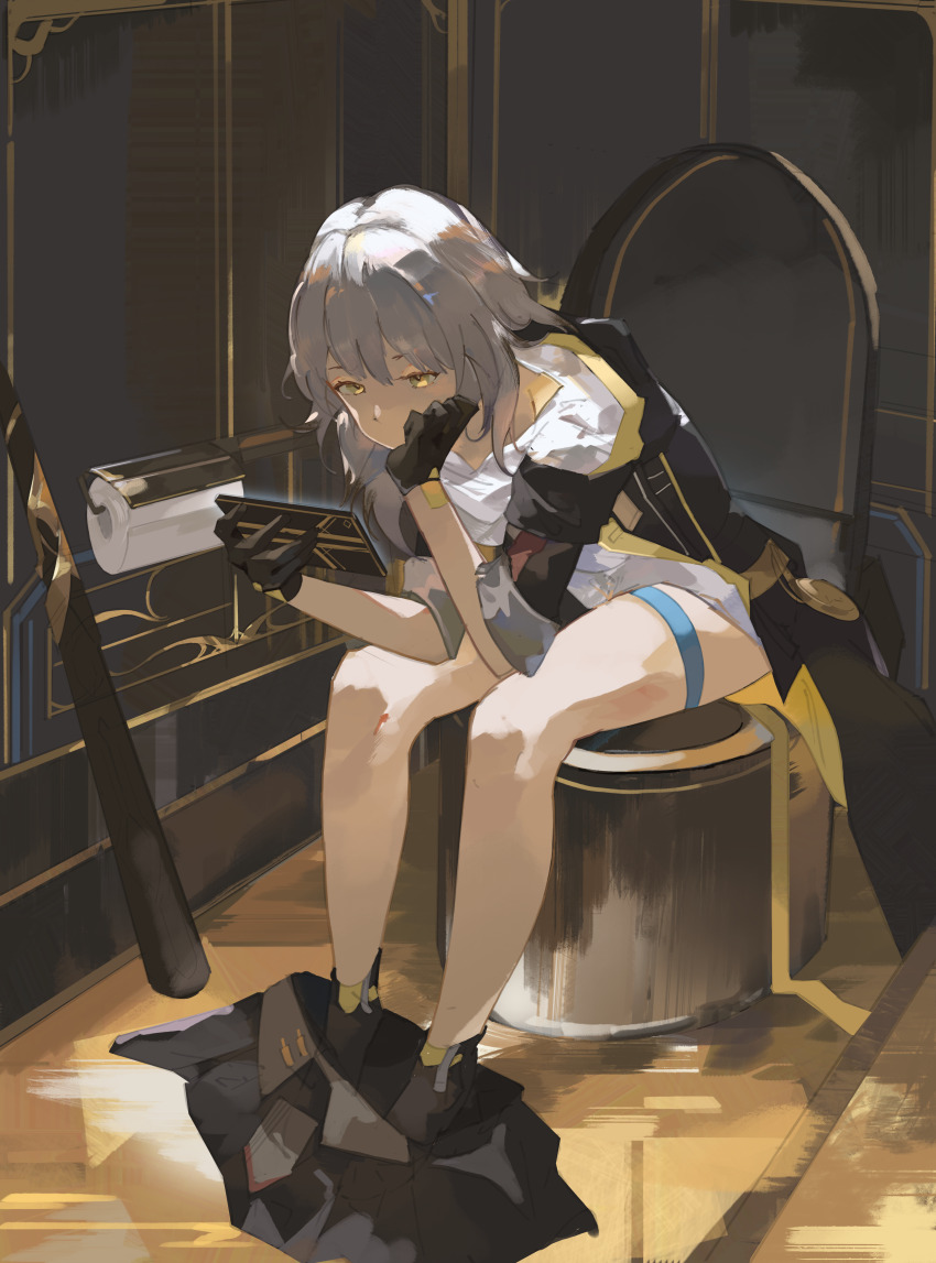 1girl absurdres baseball_bat black_coat black_footwear black_gloves black_skirt cellphone coat commentary elbow_on_knee english_commentary gloves grey_hair head_rest highres holding holding_phone honkai:_star_rail honkai_(series) leaning_forward long_hair on_toilet phone saturn_(saturn_illus) shirt shoes sitting skirt smartphone solo stelle_(honkai:_star_rail) toilet toilet_paper toilet_use trailblazer_(honkai:_star_rail) unworn_skirt white_shirt yellow_eyes