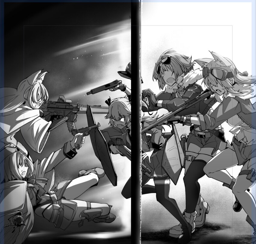 5girls aiming animal_ear_fluff animal_ears assault_rifle boots breaking_through_wall breasts cat_ears character_request check_character commentary_request constricted_pupils eyewear_on_head falling fang from_side g41_(girls&#039;_frontline) girls&#039;_frontline gloves goggles goggles_on_head greyscale grizzly_mkv_(girls&#039;_frontline) gun hair_over_eyes handgun hat highres holding holding_gun holding_weapon jacket large_breasts light_rays long_hair long_sleeves looking_at_another m500_(girls&#039;_frontline) midriff minami_shin_(zenshuu_bougyo) miniskirt monochrome multiple_girls necktie on_ground open_clothes open_jacket open_mouth p08_(girls&#039;_frontline) parody police_hat rainbow_six_siege rifle running shield shirt short_hair short_shorts shorts shotgun skirt standing sunglasses super-shorty_(girls&#039;_frontline) thighhighs tied_shirt unworn_hat unworn_headwear v-shaped_eyebrows watch weapon wristwatch