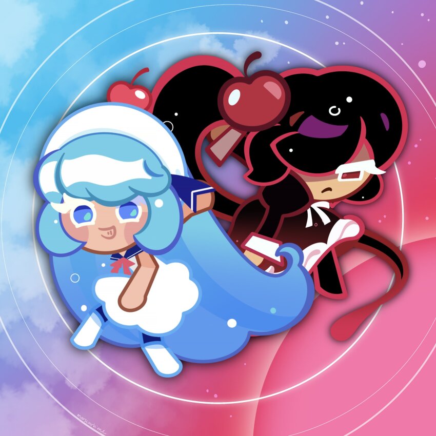 2girls black_dress black_footwear black_hair blue_eyes blue_hair blue_sailor_collar boots cherry_cola_cookie cherry_hair_ornament cherry_hat_ornament cookie_run cookie_run:_ovenbreak cookie_run:_tower_of_adventures cream_soda_cookie dress food-themed_hair_ornament frilled_dress frills hair_ornament hat high_ponytail highres juliet_sleeves long_hair long_sleeves marscarhime multiple_girls neck_ribbon official_style parody puffy_sleeves red_ribbon ribbon sailor_collar sidelocks sonic_(series) sonic_adventure_2 very_long_hair white_dress white_footwear white_hat