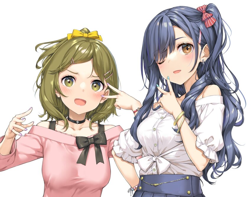 2girls black_choker black_hair blouse blue_nails blush bow breasts brown_eyes choker collarbone commentary_request earrings green_eyes green_hair hair_bow hair_ornament hair_ribbon hairclip half_updo hands_up higashira_isana highres irido_yume jewelry large_breasts long_hair looking_at_viewer mamahaha_no_tsurego_ga_moto_kano_datta medium_hair multiple_girls official_art one_eye_closed open_mouth parted_bangs pink_shirt purple_nails red_bow ribbon shirt simple_background smile swept_bangs takayaki upper_body v white_background white_shirt yellow_ribbon