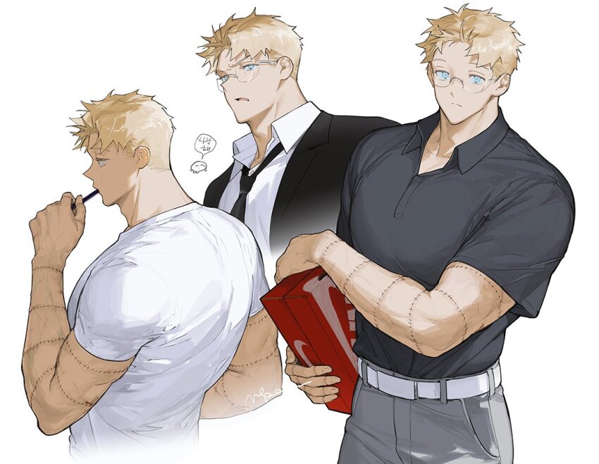 1boy belt black_jacket black_necktie black_shirt blonde_hair blue_eyes box brushing_teeth closed_mouth collared_shirt dorohedoro glasses grey_pants holding holding_box jacket male_focus multiple_views muscular muscular_male necktie odagorom pants shin_(dorohedoro) shirt shoe_box stitched_arm stitches white_background white_belt white_shirt