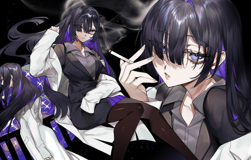 1girl a.i._voice black_background black_hair black_pantyhose blue_eyes blue_hair breasts cigarette coat grey_shirt holding holding_cigarette kotobukidesu lab_coat long_hair looking_at_viewer medium_breasts multicolored_hair multiple_views open_clothes open_coat pantyhose parted_bangs shirt smoke smoking solo yogatari_tobari