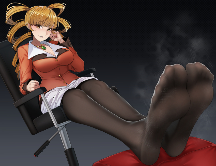 1girl absurdres ao_no_kiseki blonde_hair drill_hair eiyuu_densetsu feet highres long_hair looking_at_viewer mariabell_crois pantyhose parted_lips sitting soles steam swivel_chair toes tsa twin_drills twintails yellow_eyes zero_no_kiseki