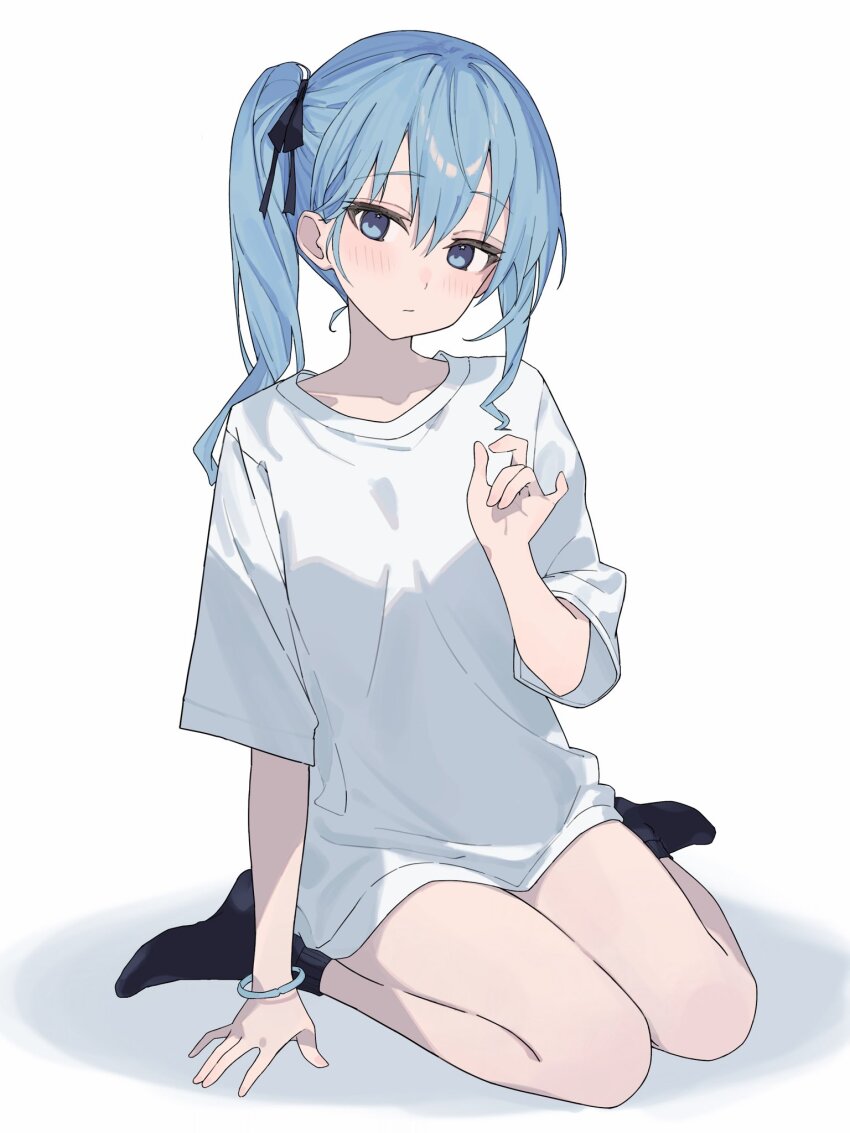 1girl alternate_costume black_socks blue_eyes blue_hair blush bracelet closed_mouth hair_between_eyes hand_up hashtag-only_commentary head_tilt highres hololive hoshimachi_suisei jewelry karyln light_blue_hair long_hair looking_at_viewer oversized_clothes oversized_shirt shirt short_sleeves side_ponytail simple_background sitting socks solo thighs virtual_youtuber wariza white_background white_shirt