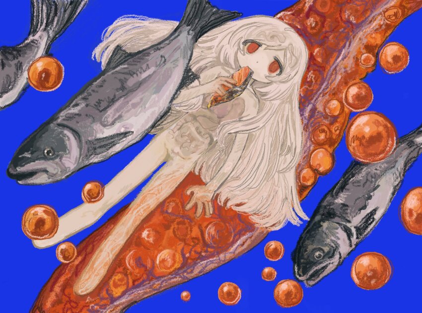 1girl animal blue_background chiisana_gachou dot_nose eating fish fish_(food) food full_body highres long_hair looking_at_viewer original red_eyes simple_background solo white_hair