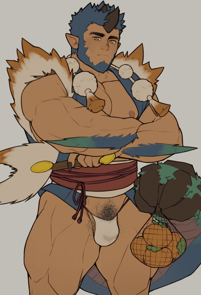 1boy abs absurdres arm_hair bara bare_pectorals bare_shoulders beard bishaten bishaten_(armor) blue_hair bulge crossed_arms dark-skinned_male dark_skin facial_hair feet_out_of_frame food fruit fur_(clothing) hand_fan highres holding holding_fan horns japanese_clothes kimono loincloth looking_at_viewer male_focus male_pubic_hair male_underwear mature_male monster_boy monster_hunter_(series) muscular muscular_male nipples no_pants open_clothes open_kimono orange_(fruit) pectorals penis personification pointy_ears pubic_hair revealing_clothes ruisselait short_hair single_horn sleeveless solo thick_thighs thighs underwear white_male_underwear