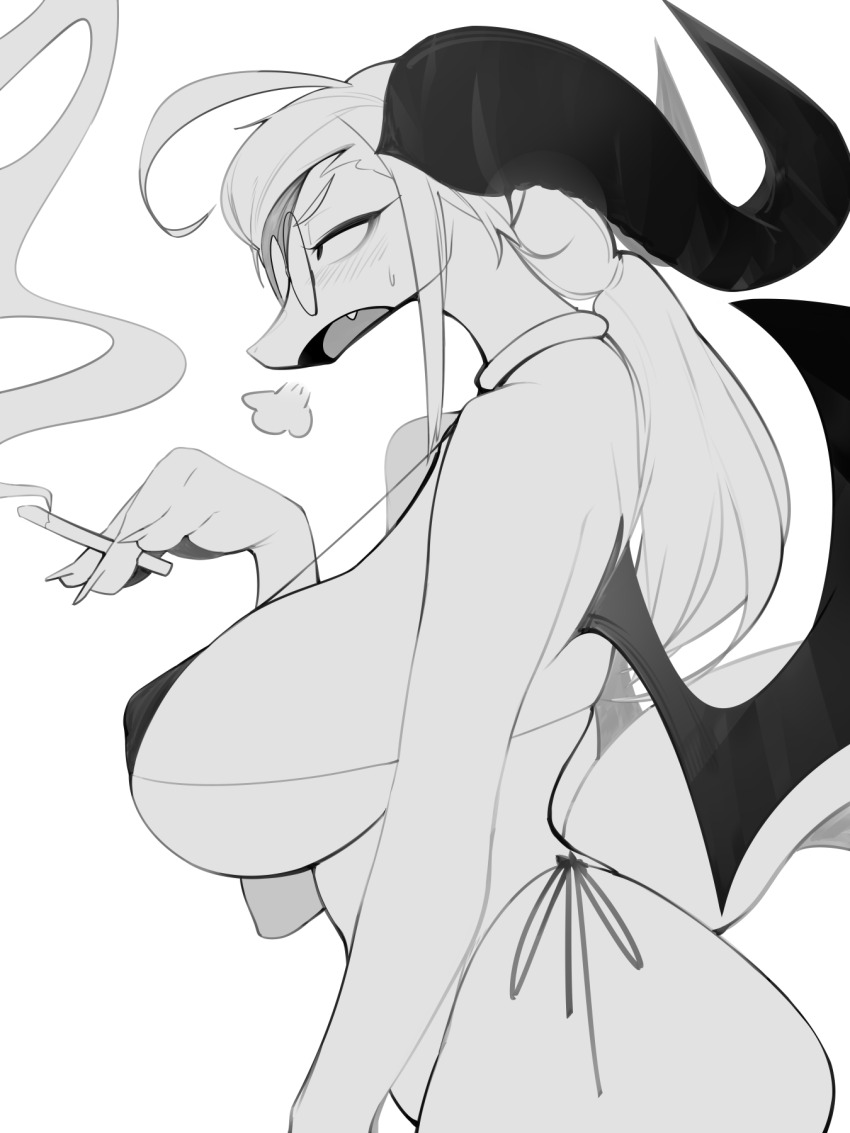 1girl 3gs ahoge bare_shoulders between_fingers bikini blush breasts cigarette curled_horns demon-girl demon_horns demon_wings female_focus from_side furry furry_female greyscale hair_tie half-closed_eyes hand_up holding holding_cigarette horns huge_breasts long_hair mature_female micro_bikini monochrome open_mouth original ponytail profile puff_of_air side-tie_bikini_bottom sidelocks simple_background skindentation smoke smoking snout solo standing string_bikini sweat swimsuit tail upper_body v-shaped_eyebrows white_background wings