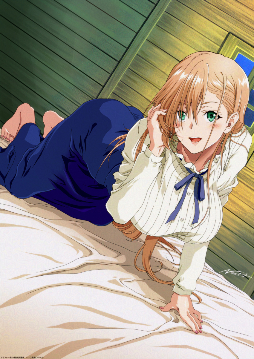 1girl aqua_eyes arafoo_otoko_no_isekai_tsuuhan_seikatsu barefoot blonde_hair blouse blue_skirt breasts hair_between_eyes high-waist_skirt highres indoors lantern large_breasts long_hair long_skirt long_sleeves looking_at_viewer neck_ribbon no_shoes nolia on_bed open_mouth primula_mallow ribbon shirt shirt_tucked_in skirt solo teeth underbust upper_teeth_only waving white_shirt window wooden_wall