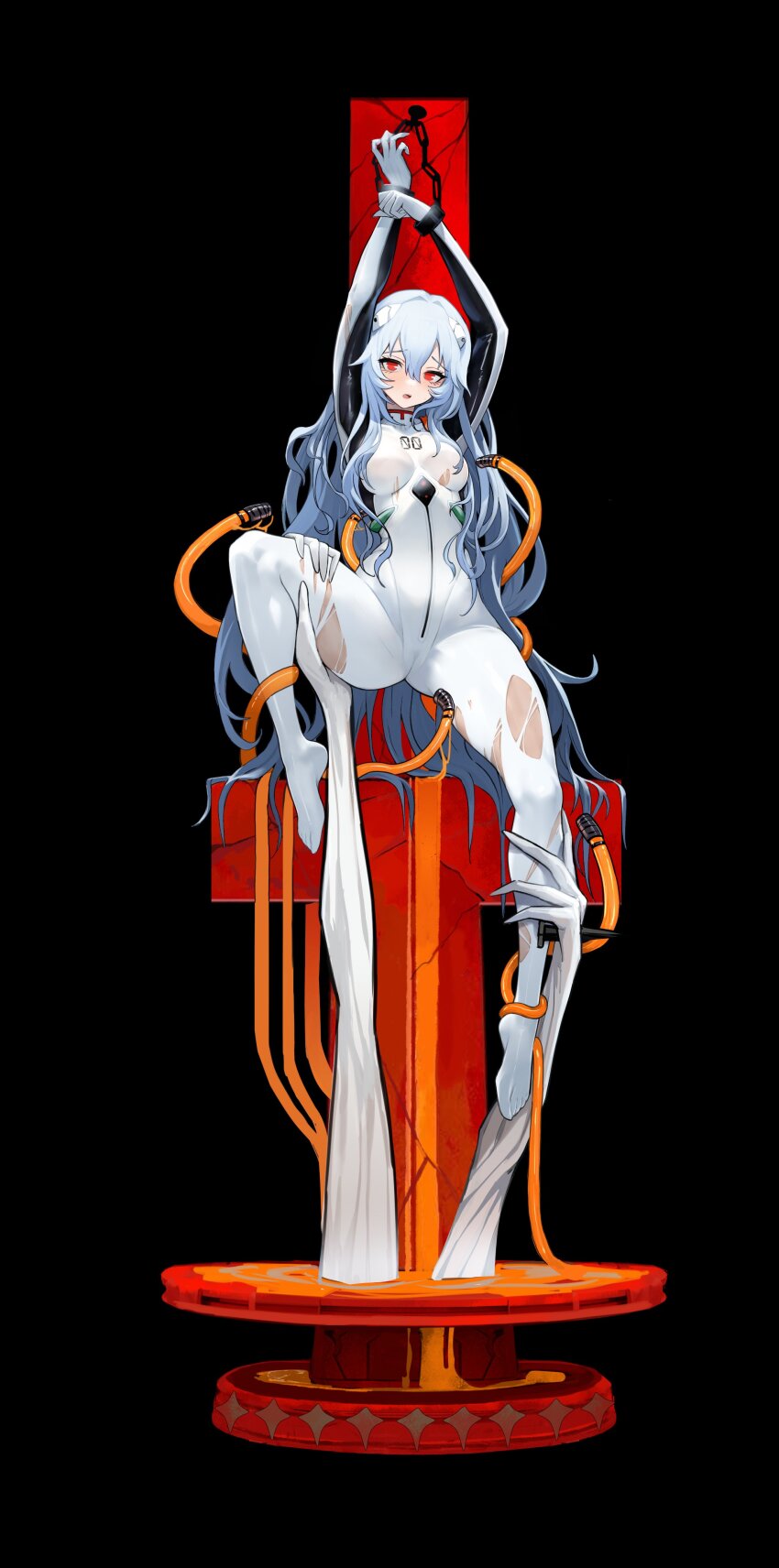 1girl absurdres alternate_hair_length alternate_hairstyle angel_(evangelion) ayanami_rei black_background blackcat_enjia blue_hair bodysuit breasts commentary cross crucifixion cuffs disembodied_hand english_commentary evangelion:_3.0+1.0_thrice_upon_a_time frown groin hair_between_eyes handcuffs highres holding_another&#039;s_leg impaled interface_headset light_blue_hair lilith_(evangelion) long_hair looking_at_viewer medium_breasts neon_genesis_evangelion no_shoes pilot_suit plugsuit rebuild_of_evangelion red_eyes science_fiction shackles simple_background solo teeth torn_bodysuit torn_clothes upper_teeth_only very_long_hair white_bodysuit