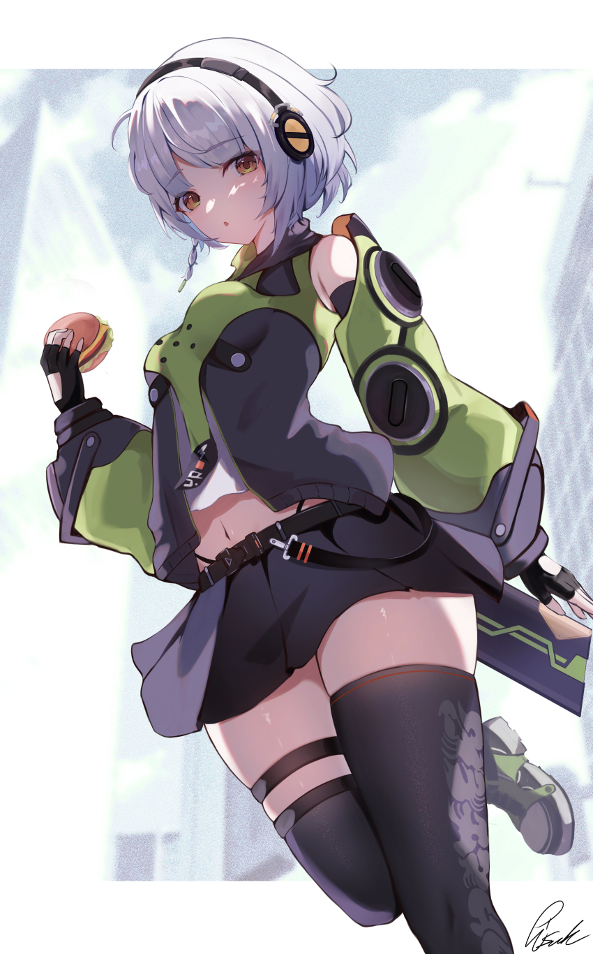 1girl absurdres anby_demara bare_shoulders belt belted_skirt black_gloves black_headphones black_skirt black_thighhighs blurry blurry_background breasts burger fingerless_gloves food gloves green_jacket green_sleeves grey_hair headphones highres holding holding_burger holding_food jacket knees_up long_hair long_sleeves looking_at_viewer multicolored_sleeves navel orange_eyes pisuke_(user_kcmh2774) short_hair skirt sleeveless sleeveless_jacket small_breasts solo thigh_belt thigh_strap thighhighs white_hair white_undershirt zenless_zone_zero