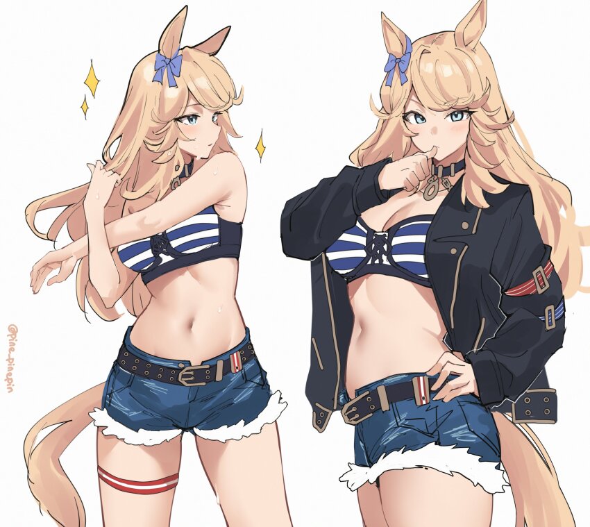 1girl absurdres animal_ears bandeau belt black_belt black_choker black_jacket blonde_hair blue_bow blue_eyes bow breasts choker cleavage cowboy_shot cutoffs denim denim_shorts gold_city_(umamusume) hair_bow highres jacket long_hair long_sleeves midriff multiple_views navel open_clothes open_jacket pinepin short_shorts shorts simple_background standing stomach strapless striped_bandeau tail thigh_strap thighs tube_top umamusume very_long_hair white_background